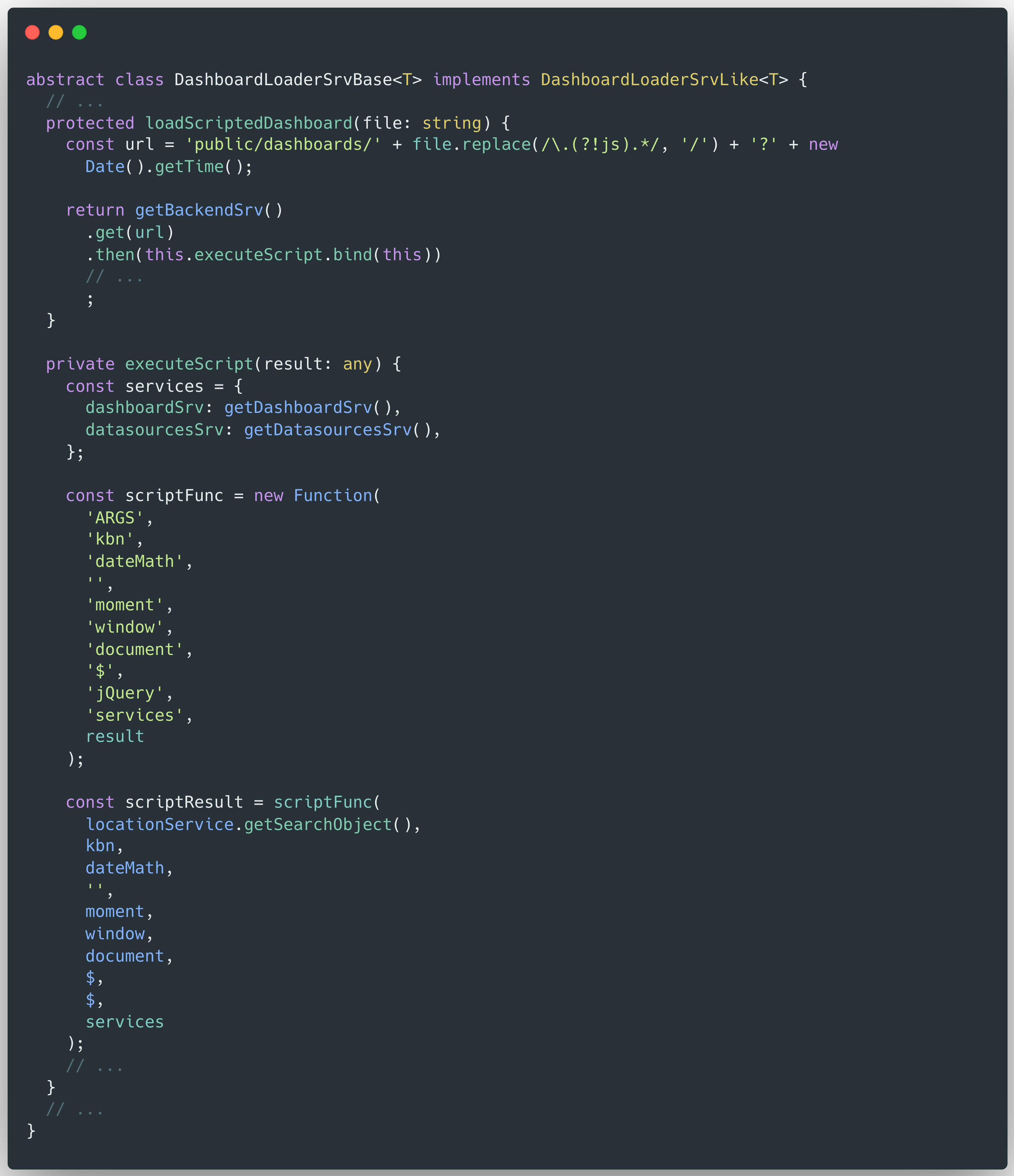 Code screenshot showing dashboard scripting logic related to Grafana CVE-2025-6023 vulnerability analysis