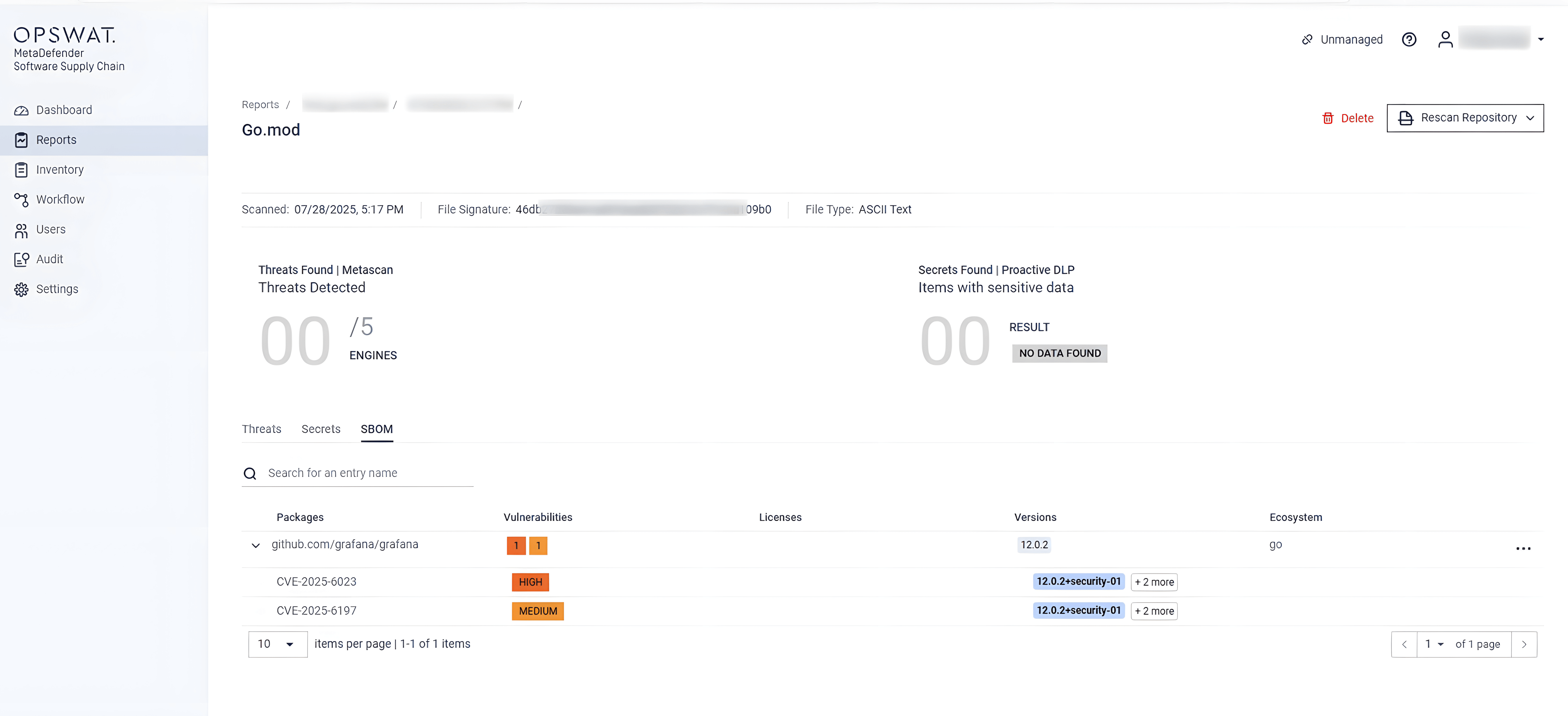 MetaDefender Core SBOM engine detects Grafana CVE-2025-6023 vulnerability in Go module report UI