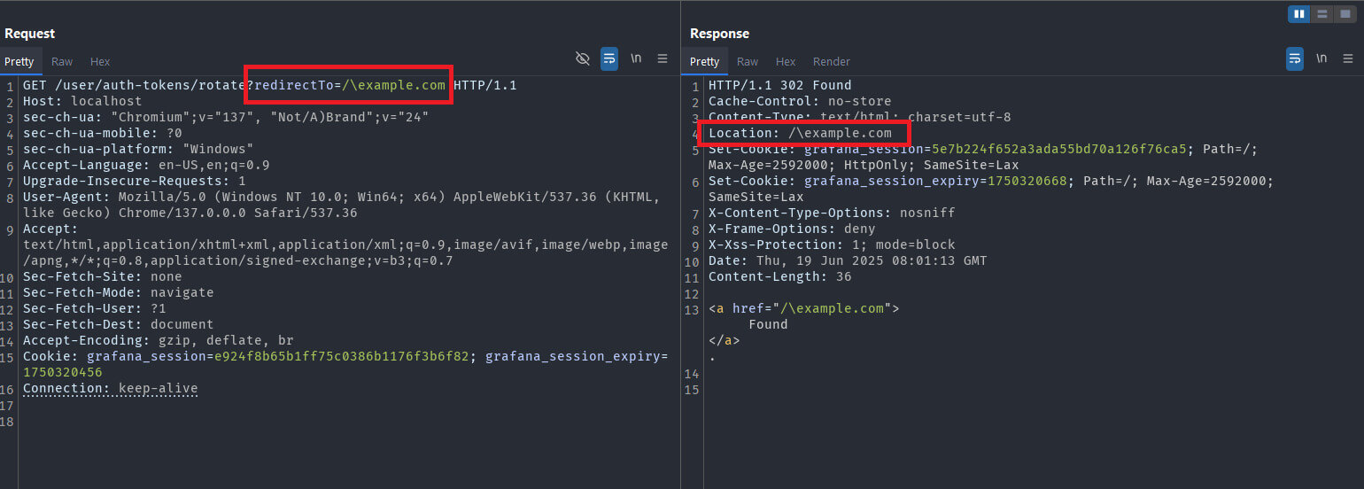 Code screenshot showing HTTP request and response highlighting redirect flaw in Grafana CVE-2025-6023 technical analysis