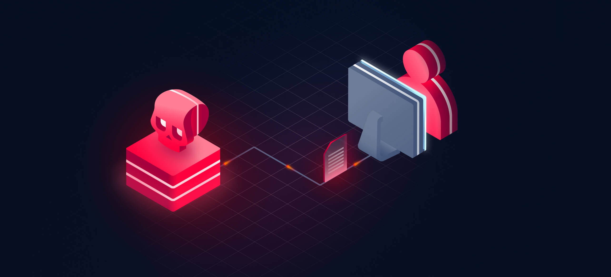 Isometric graphic showing a malicious file sent from a skull icon to a user computer, illustrating multi-layered file security strategy