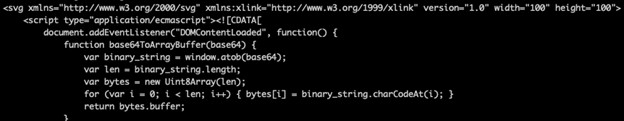 Captură de ecran a codului care arată SVG armat cu JavaScript încorporat care decodifică baza64 în ArrayBuffer