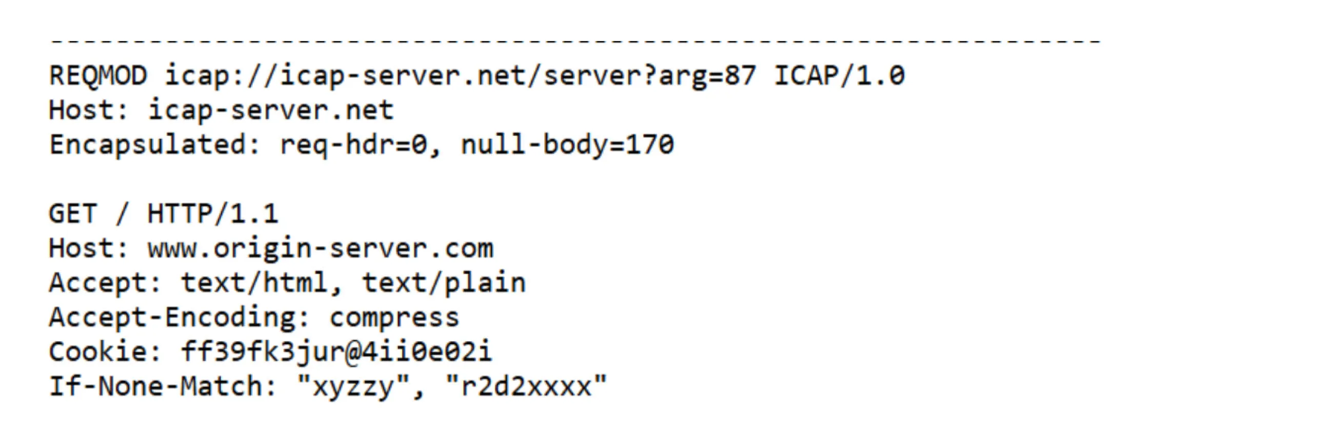 Schermata del codice che mostra ICAP con una richiesta REQMOD e un esempio di intestazioni HTTP incapsulate