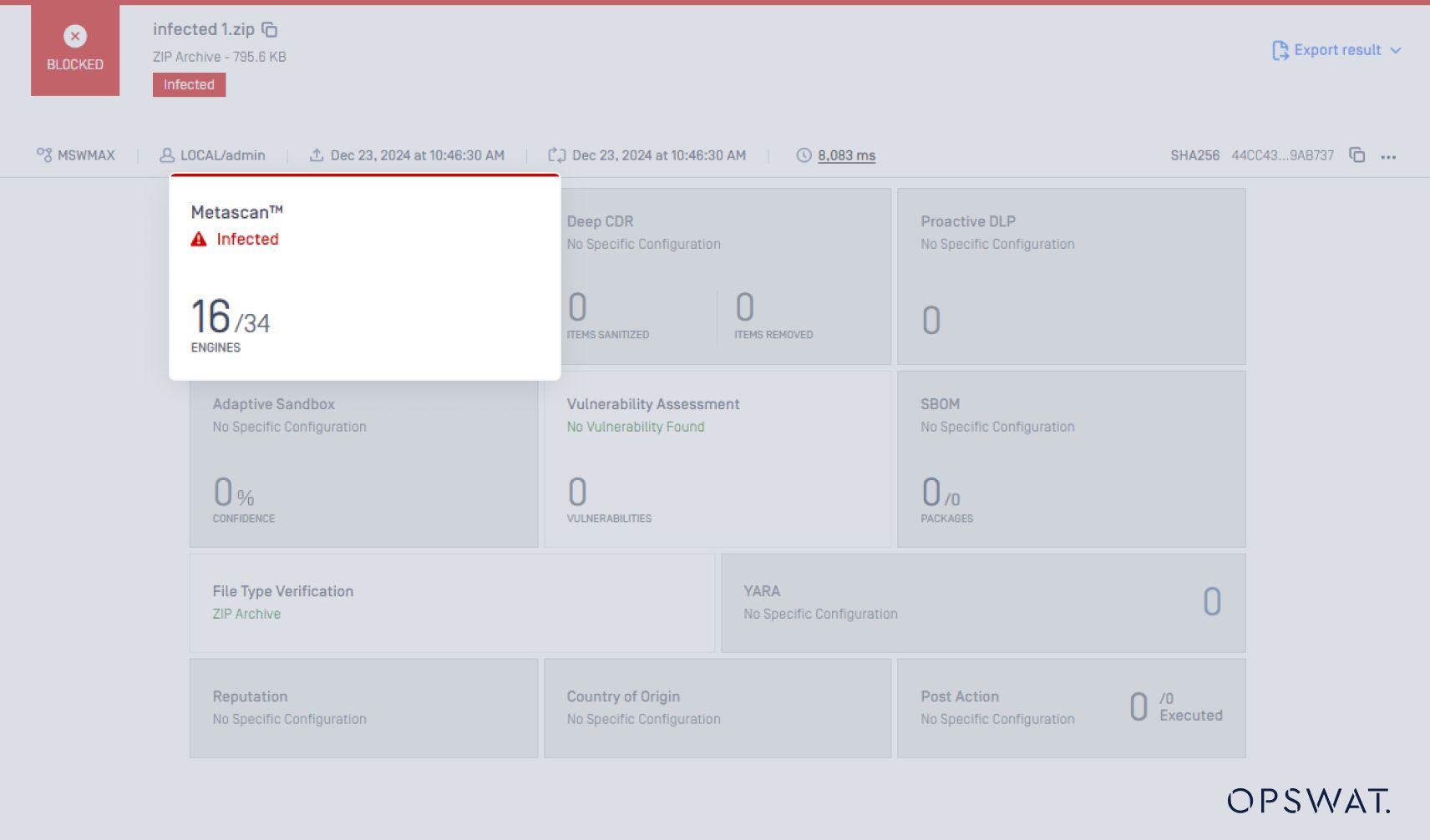 A security report showing that a ZIP file is infected, with 16 out of 34 scanning engines detecting malware