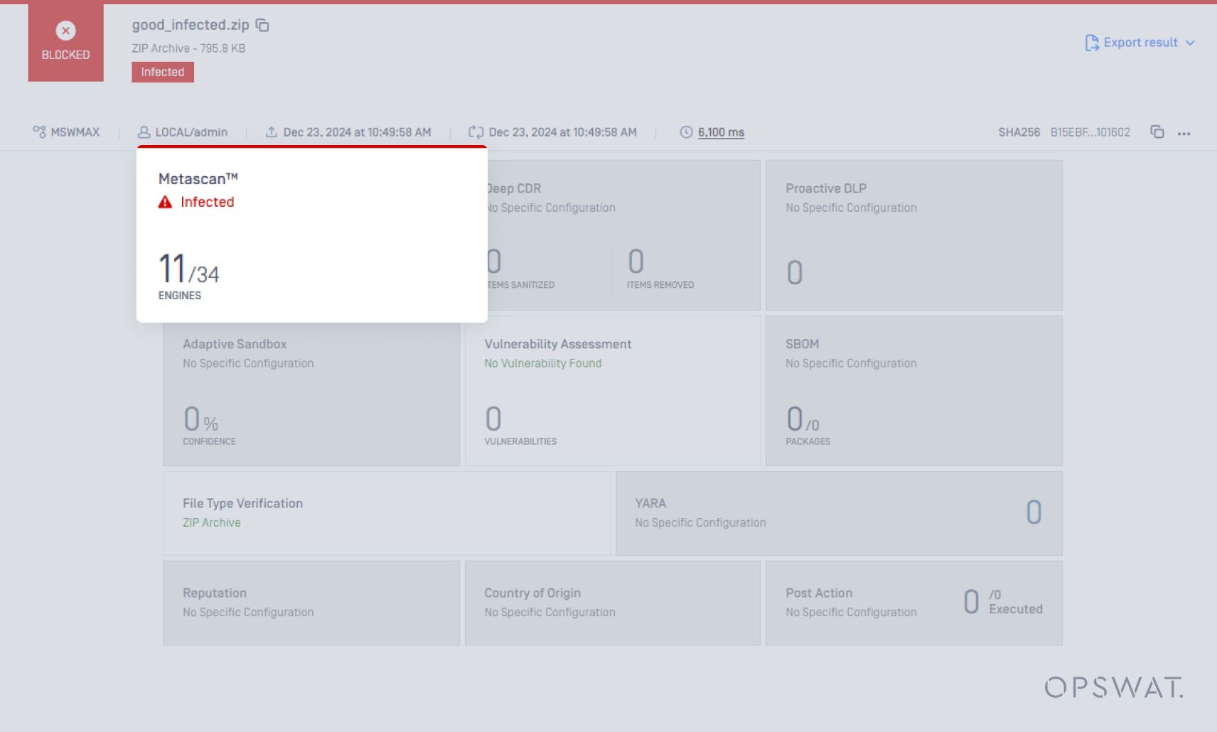 A security scan result indicating an infected ZIP file, with 11 out of 34 scanning engines detecting threats