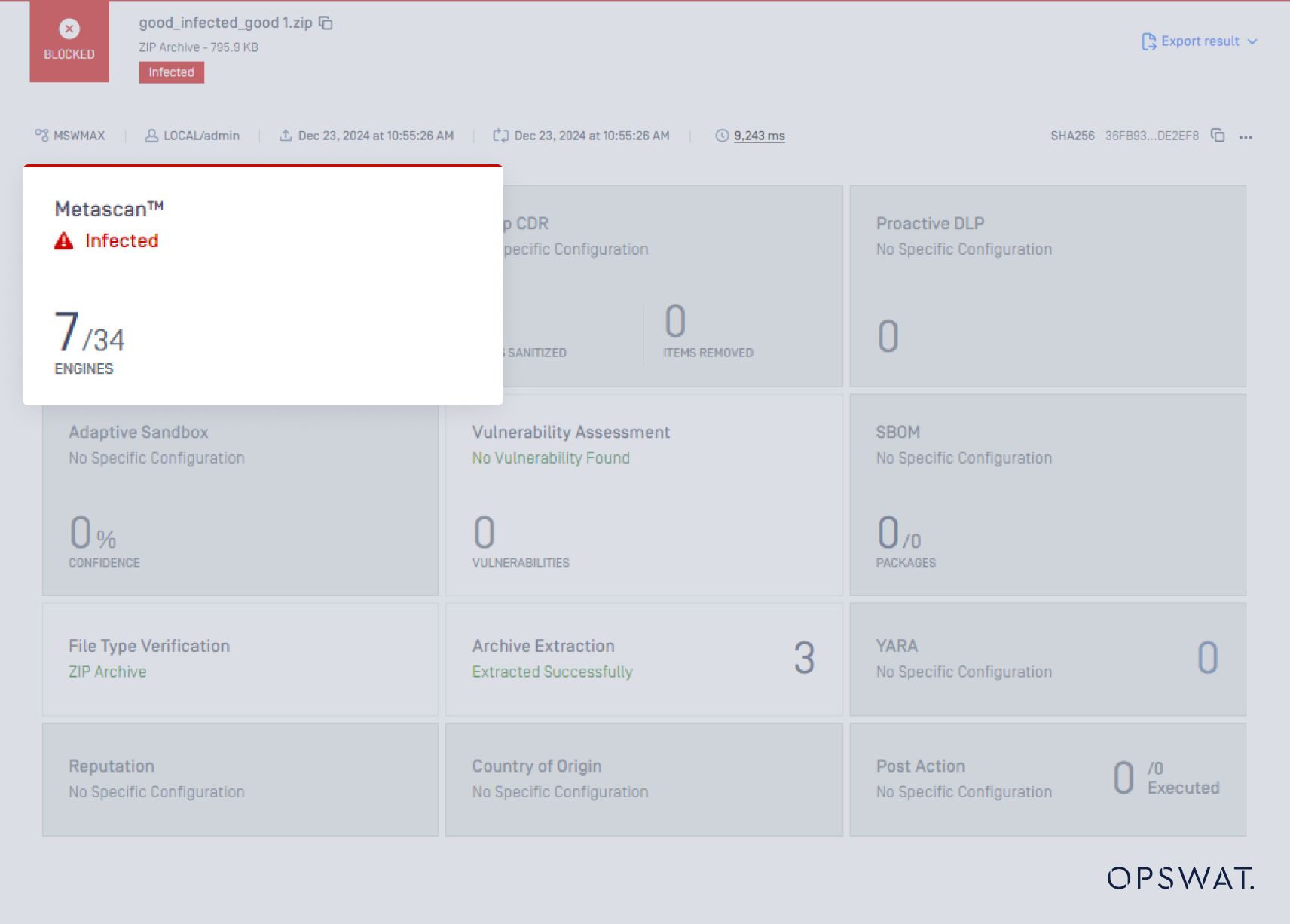 A security analysis of a ZIP file, revealing that 7 out of 34 scanning engines detected malware