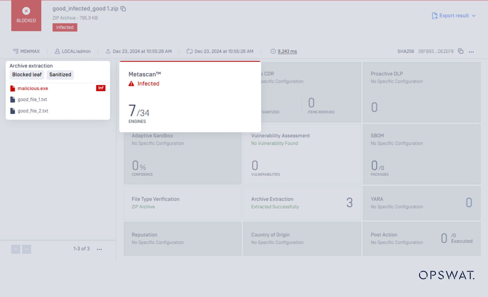 A blocked ZIP file named "good_infected_good_1.zip" is flagged as infected by 7 out of 34 scanning engines