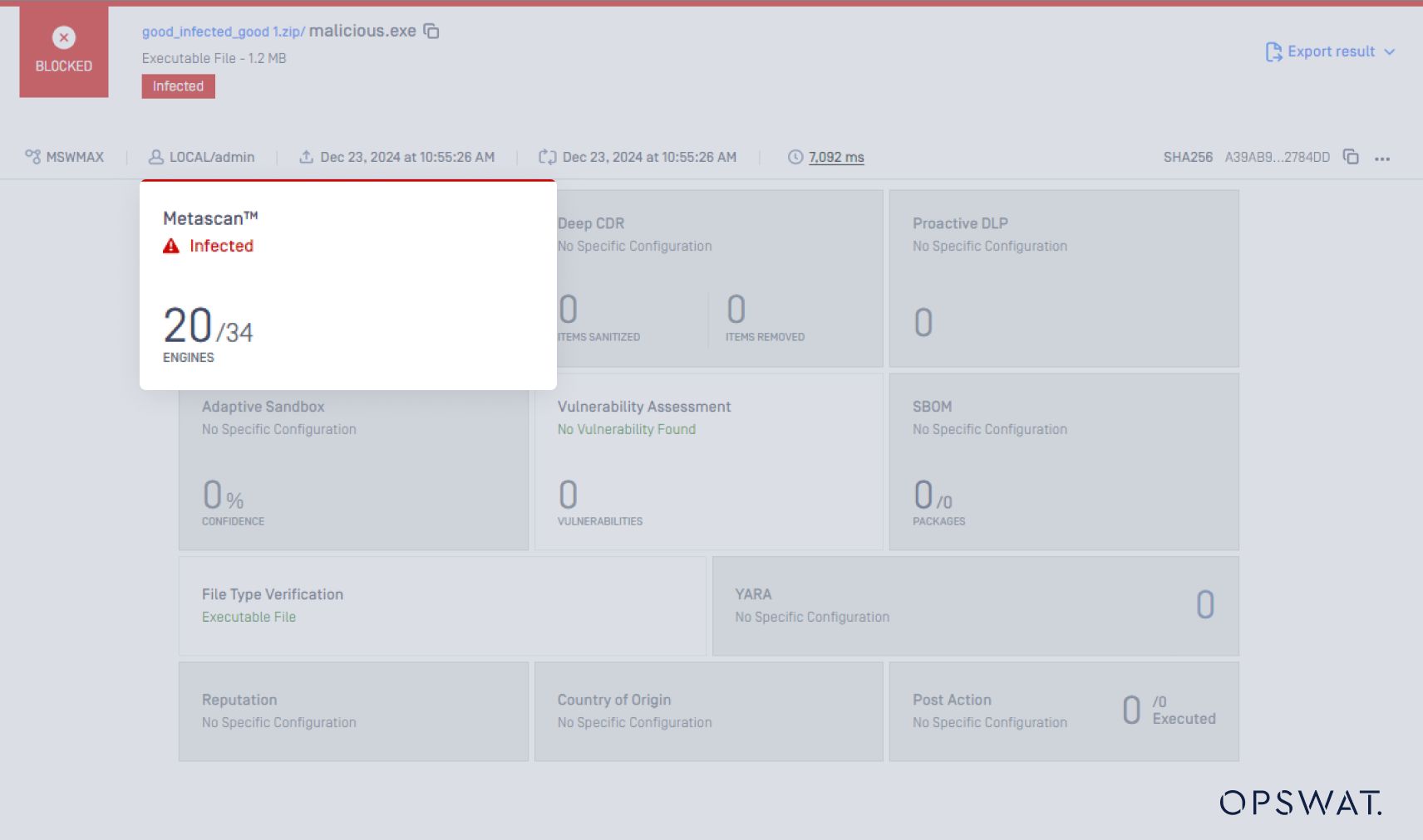 A malware detection report showing an executable file inside a ZIP archive, with 20 out of 34 scanning engines detecting threats