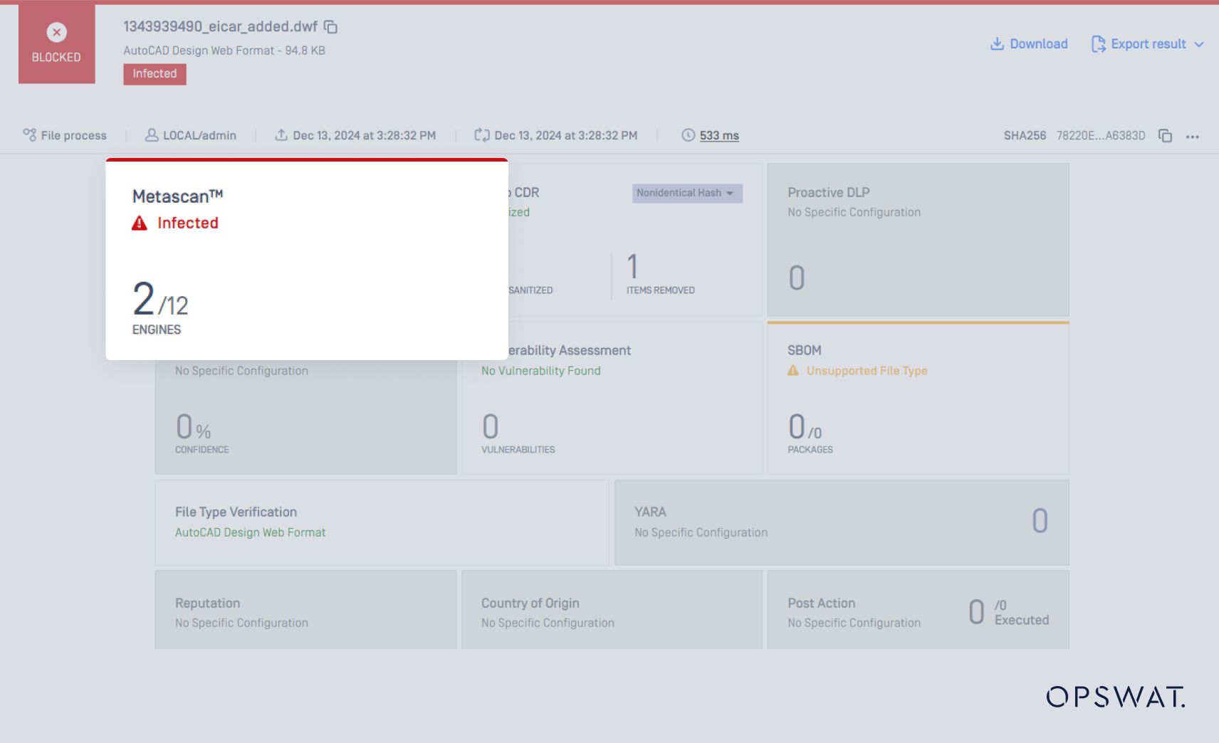 A malware scan report of an AutoCAD .dwf file, flagged as infected by 2 out of 12 scanning engines
