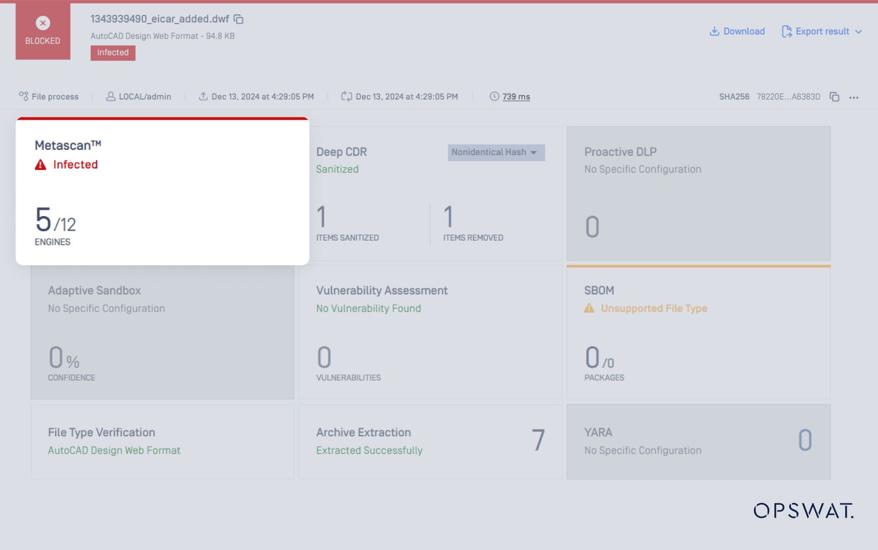 A security scan report showing a detected malicious AutoCAD file with details on threats, sanitization, and file verification
