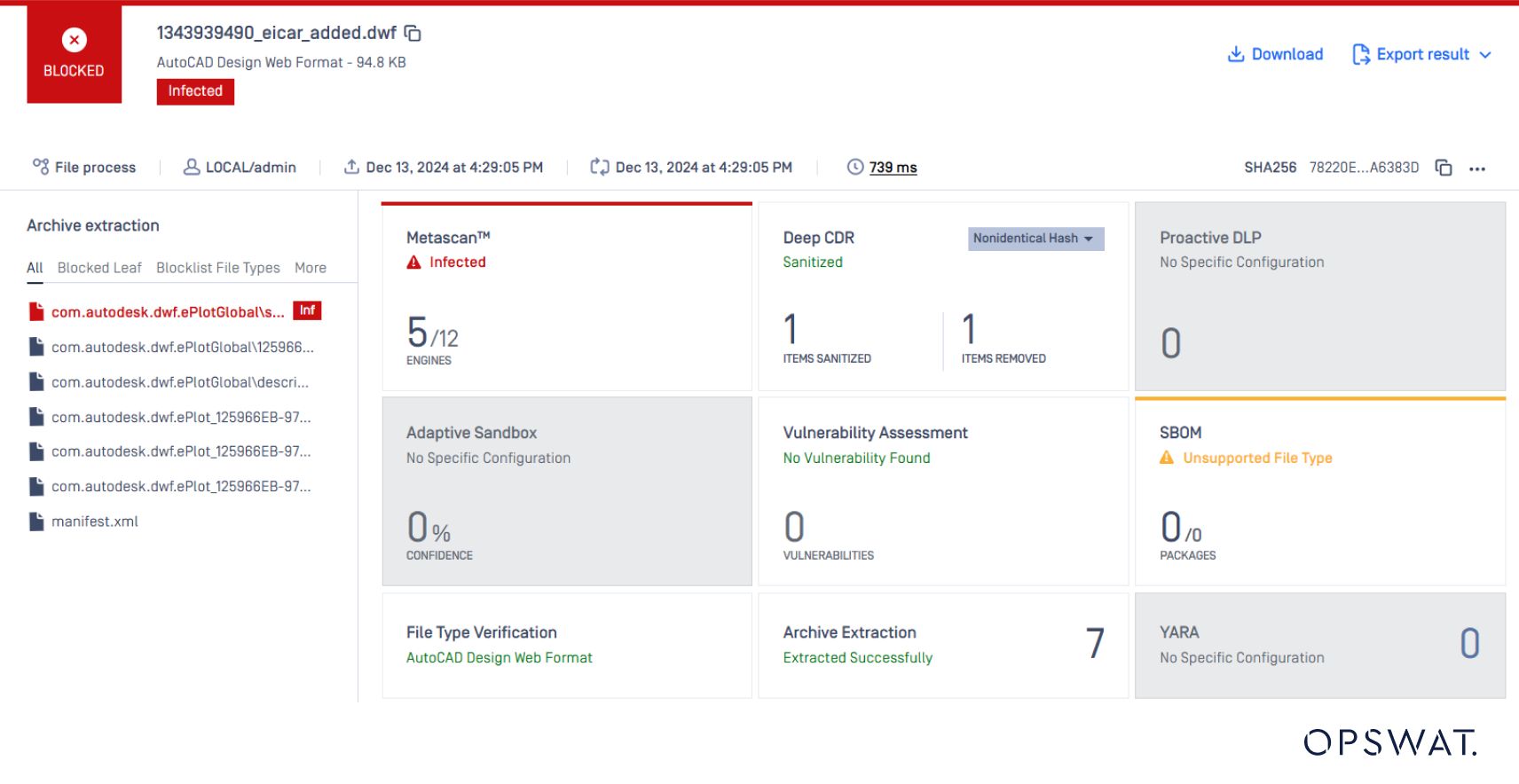 A deeper analysis of a detected malicious AutoCAD file, displaying extracted archive contents and security assessments