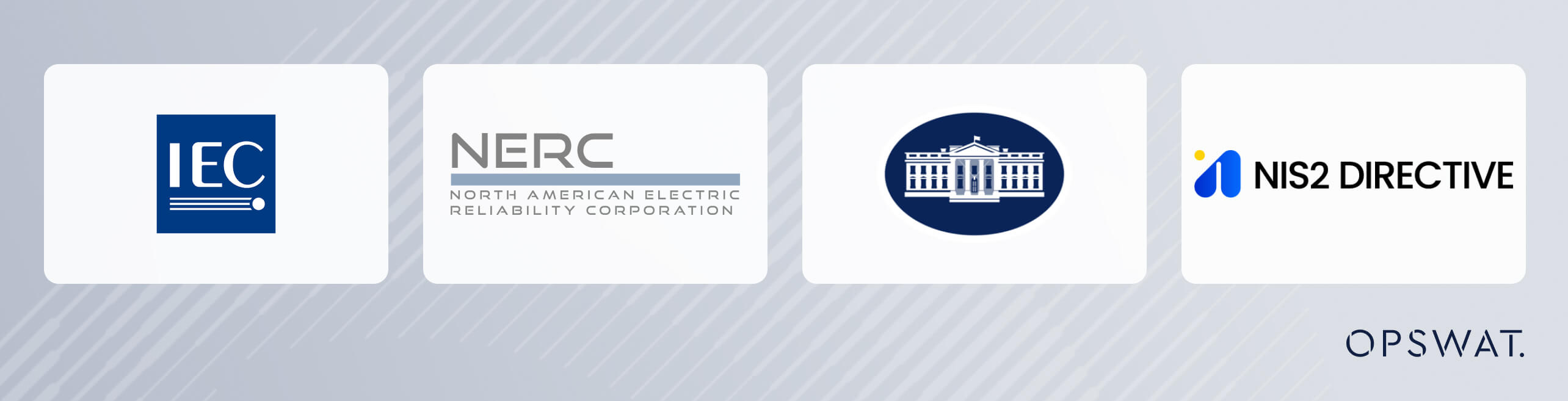 Logos der wichtigsten Regulierungsbehörden: IEC, NERC, Weißes Haus und NIS2-Richtlinie, bezogen auf Konformitäts- und Sicherheitsstandards