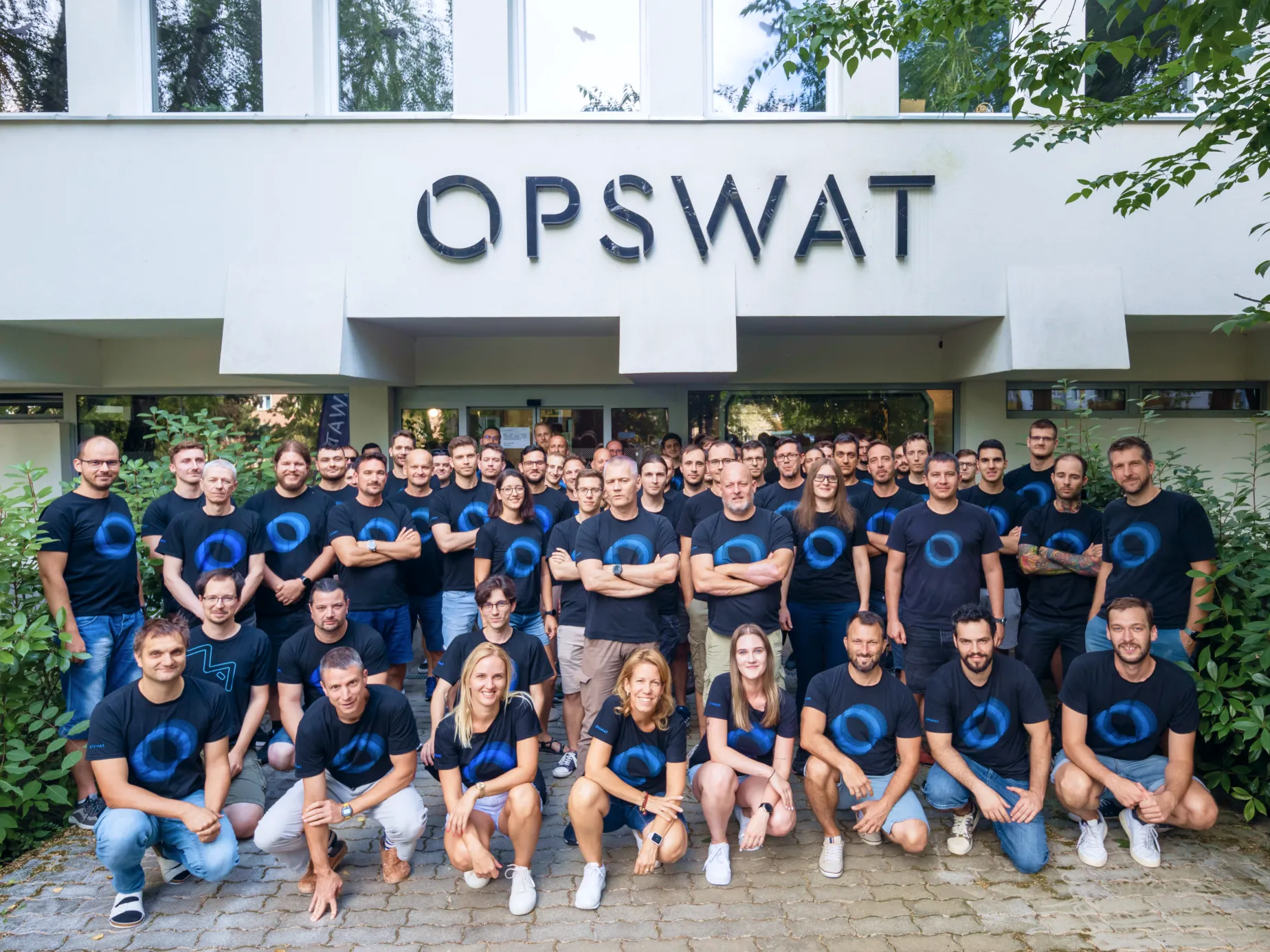 Group photo of OPSWAT team outside office, representing Hungary cybersecurity internship program 3-month internship