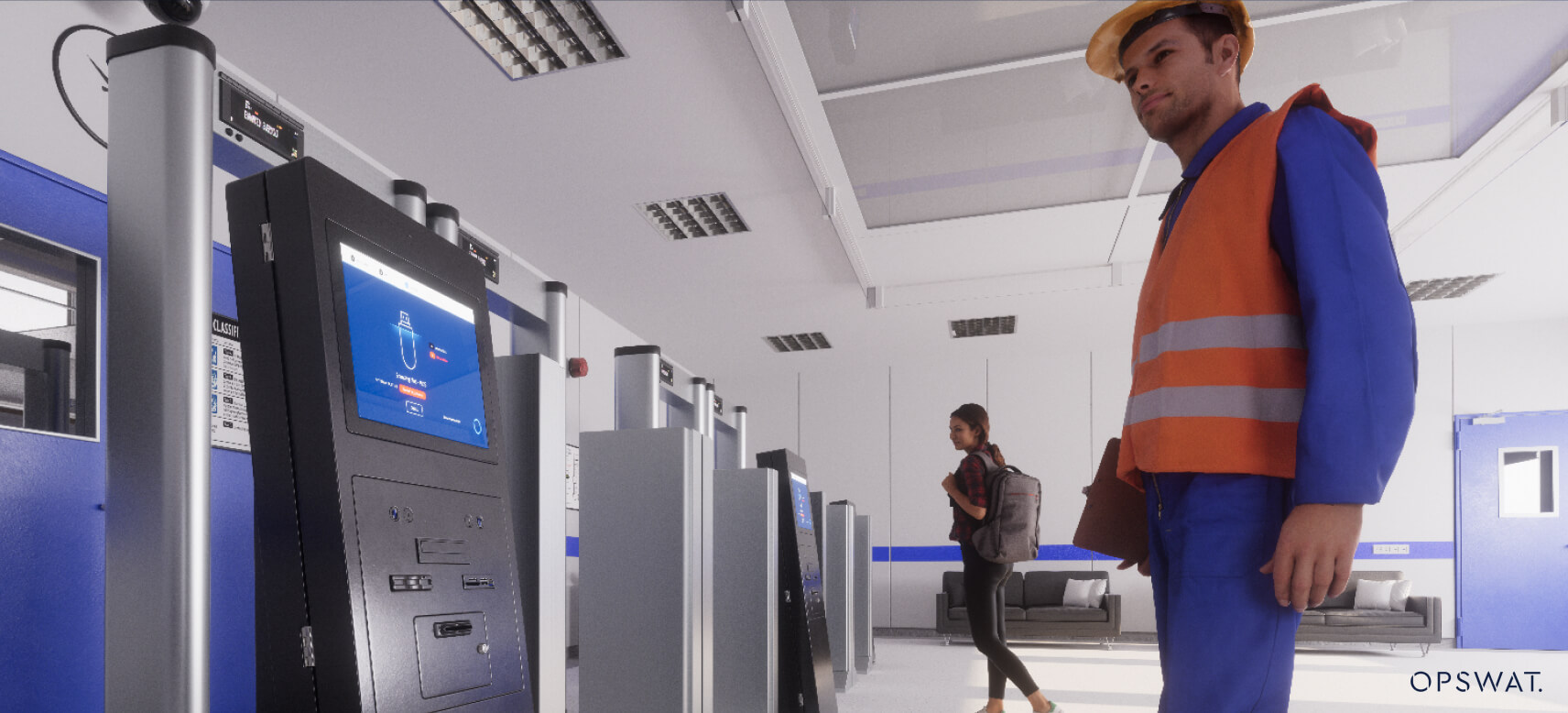 a worker in high-visibility safety clothing stands near OPSWAT security kiosks in a modern, well-lit control room
