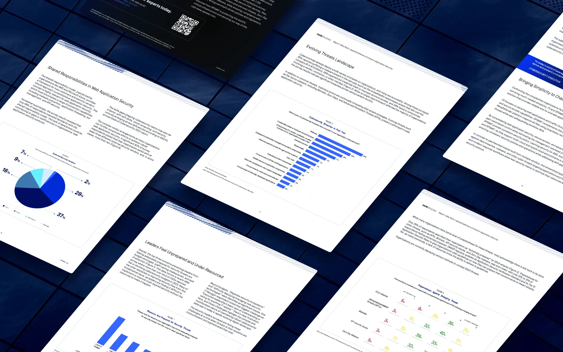 Rapports de sécurité empilés sur une surface sombre avec graphiques et statistiques visibles