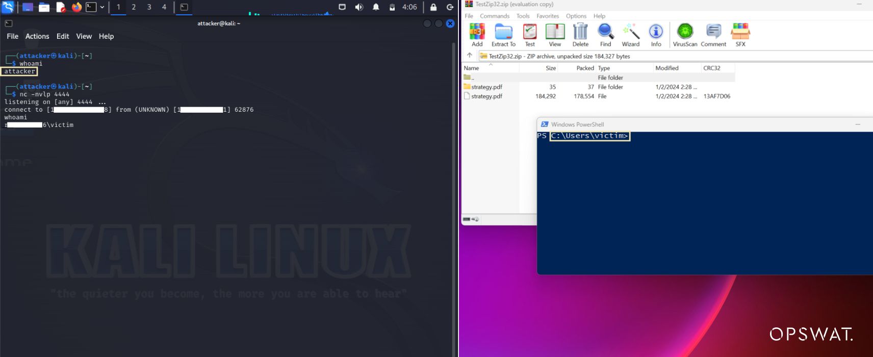 تُظهر شاشة Kali Linux الطرفية تفاعلاً على الشبكة، من المحتمل أن يكون محاكاة لهجوم أو اختباراً لدفاعات أمن الشبكة