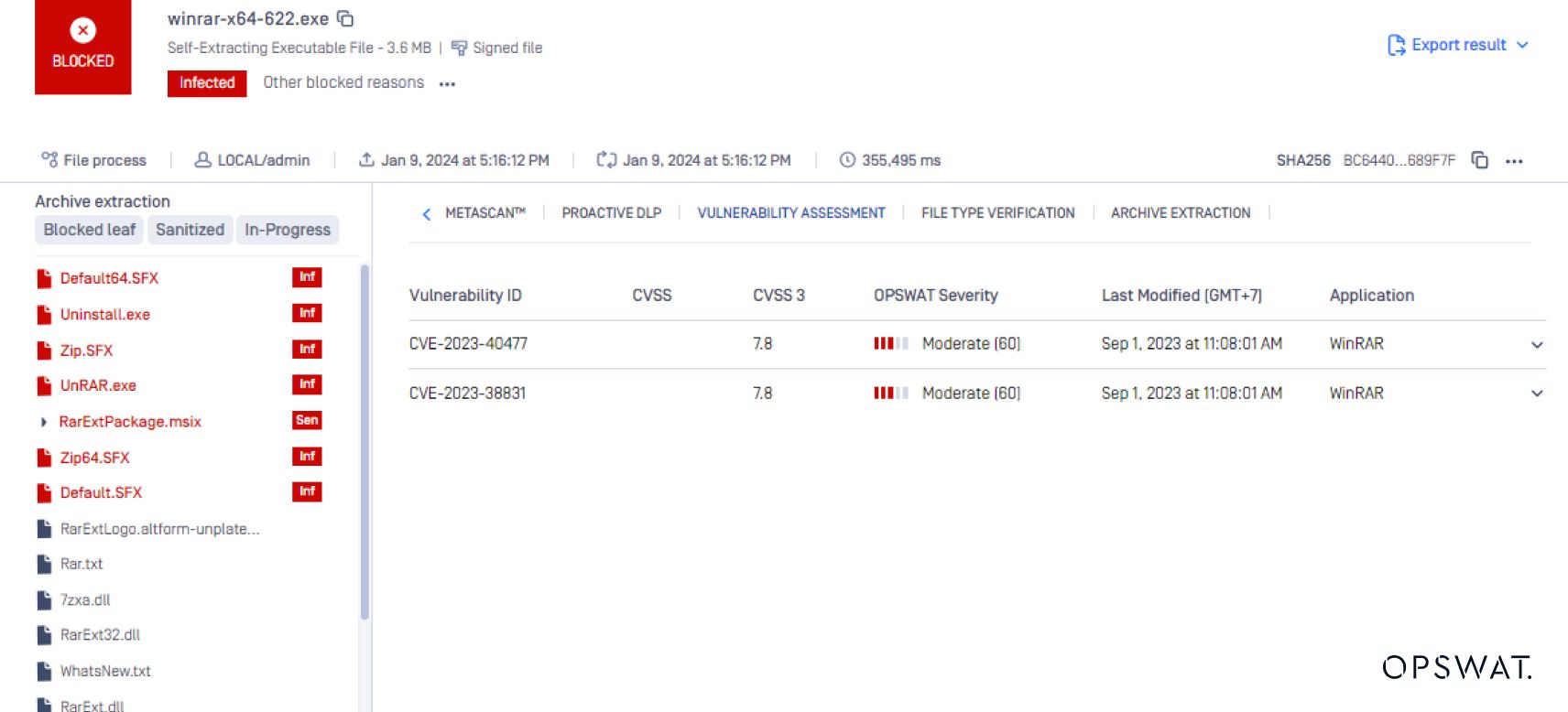لوحة معلومات الأمان الخاصة ب OPSWAT التي تشير إلى ملف WinRAR ذاتي الاستخراج المحظور مع تقييم مفصل للثغرات الأمنية بما في ذلك معرّفات CVE وتصنيفات الخطورة