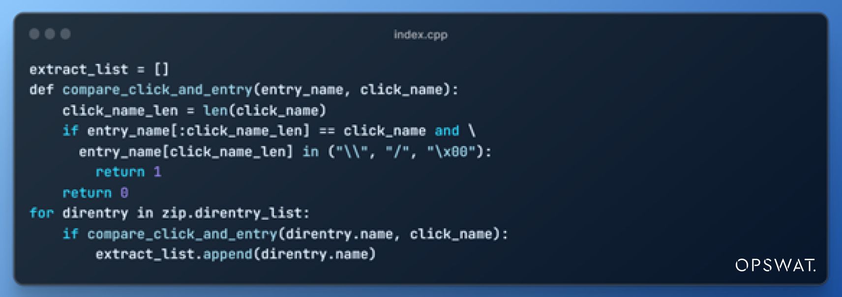 مقتطف من كود بايثون في نافذة محرر يُظهر دالة مصممة لاستخراج ومقارنة الإدخالات داخل ملف مضغوط، ربما لتحليل الأمان