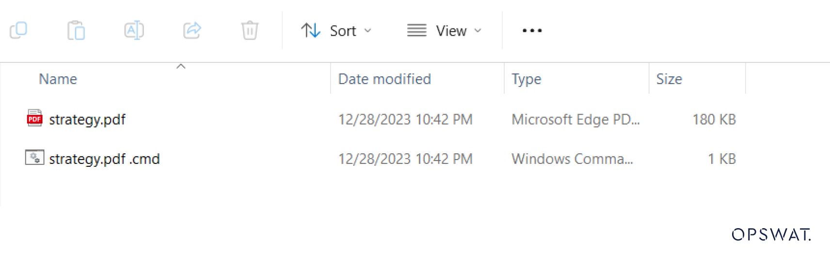 تُظهر نافذة مستكشف الملفات ملف "strategy.pdf" وملف "strategy.pdf.cmd"، مما يشير إلى اختبار أمني لملف قابل للتنفيذ مقنّع