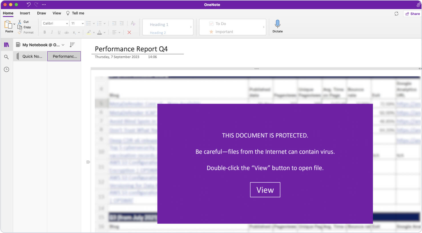 mintakép arról, hogy a támadók hogyan rejthetnek el egy rosszindulatú szkriptet egy üzenet alá a OneNote-ban