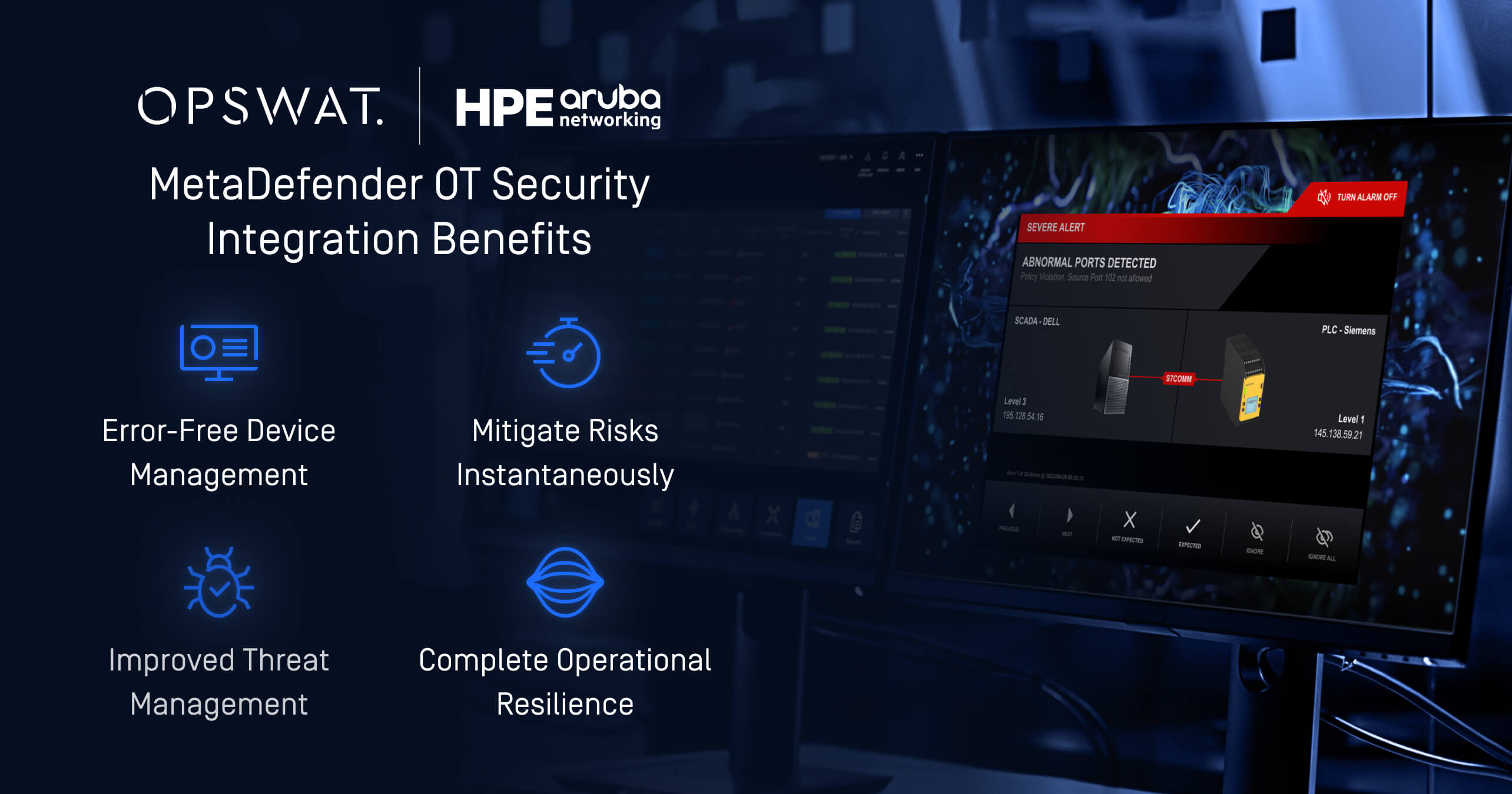 MetaDefender OT Security integráció a HPE Aruba Networkinggel, amely olyan előnyöket kínál, mint a fenyegetések jobb kezelése és az operatív ellenálló képesség.