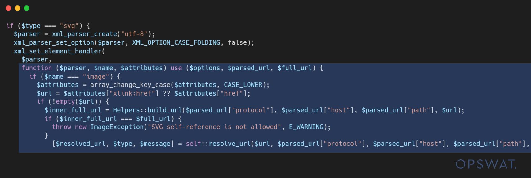 مثال على كود PHP للتعامل مع ملفات SVG، مع عرض دوال لتحليل محتوى SVG والتحقق من صحته