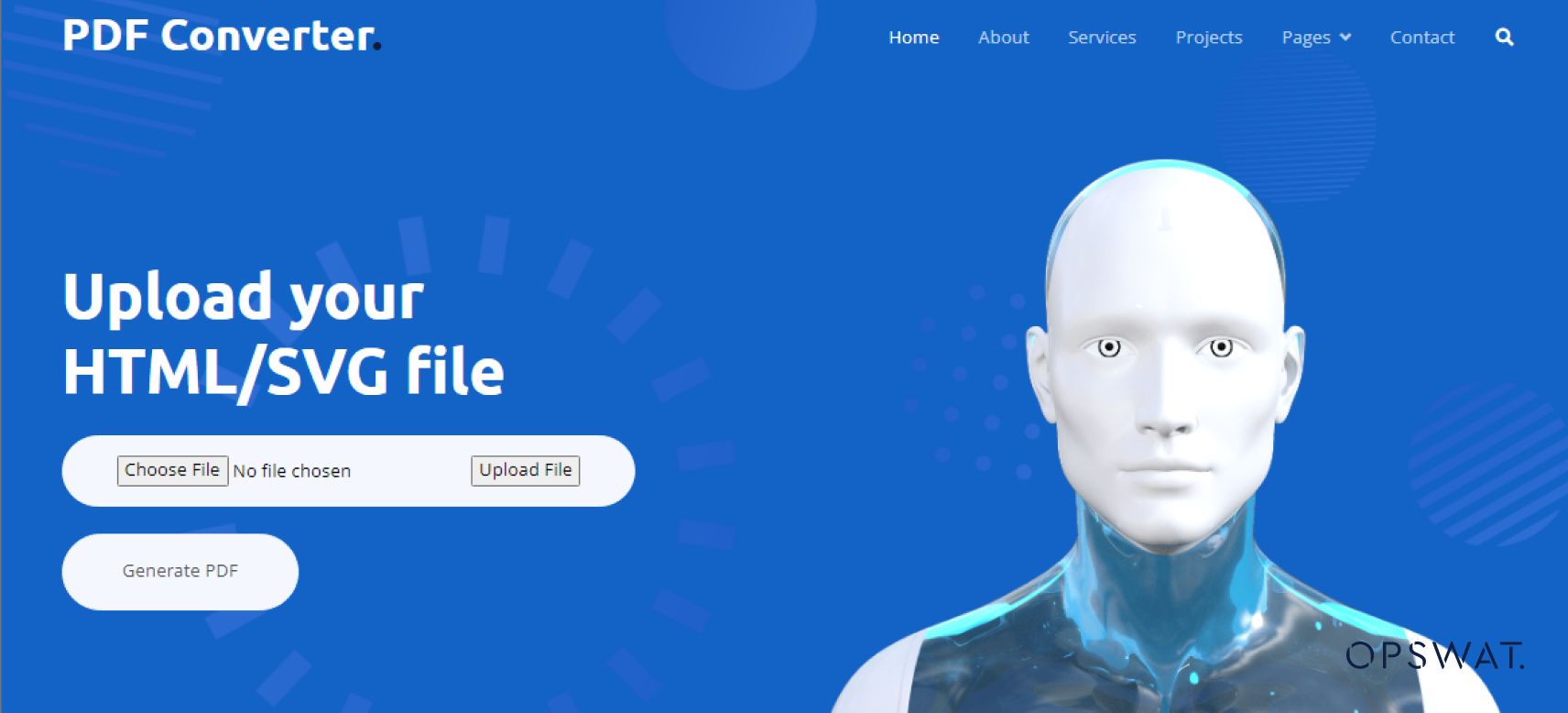 لقطة شاشة لأداة محول PDF على الويب تضم صورة رمزية على شكل إنسان، مع التركيز على وظيفة تحميل الملفات وتحويلها