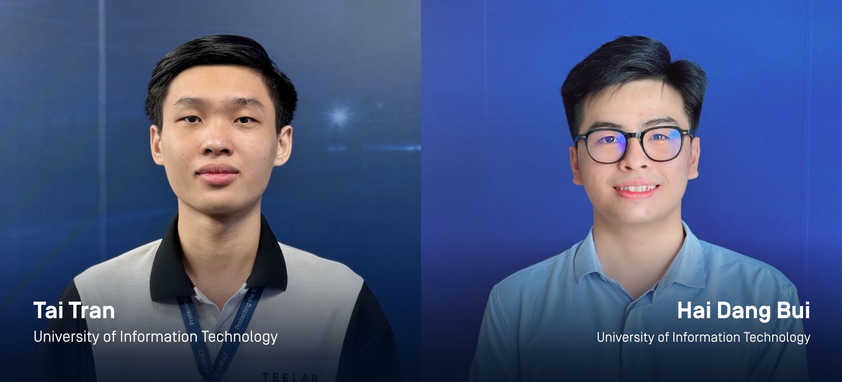 تاي تران وهاي دانغ بوي، وهما طالبان من جامعة تكنولوجيا المعلومات، يقفان لالتقاط صورة شخصية احترافية على خلفية زرقاء