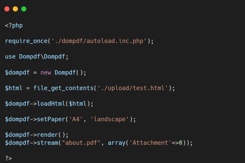 مقتطف كود PHP يعرض استخدام مكتبة Dompdf لتحويل HTML إلى ملف PDF بتنسيق أفقي
