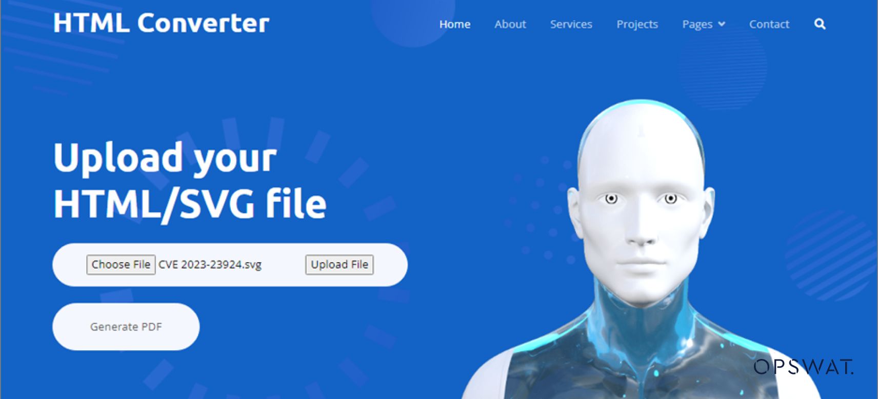 واجهة ويب لمحول PDF تعرض خيارات لتحميل وتحويل ملفات HTML/SVG إلى PDF، مع عرض نموذج بشري رقمي