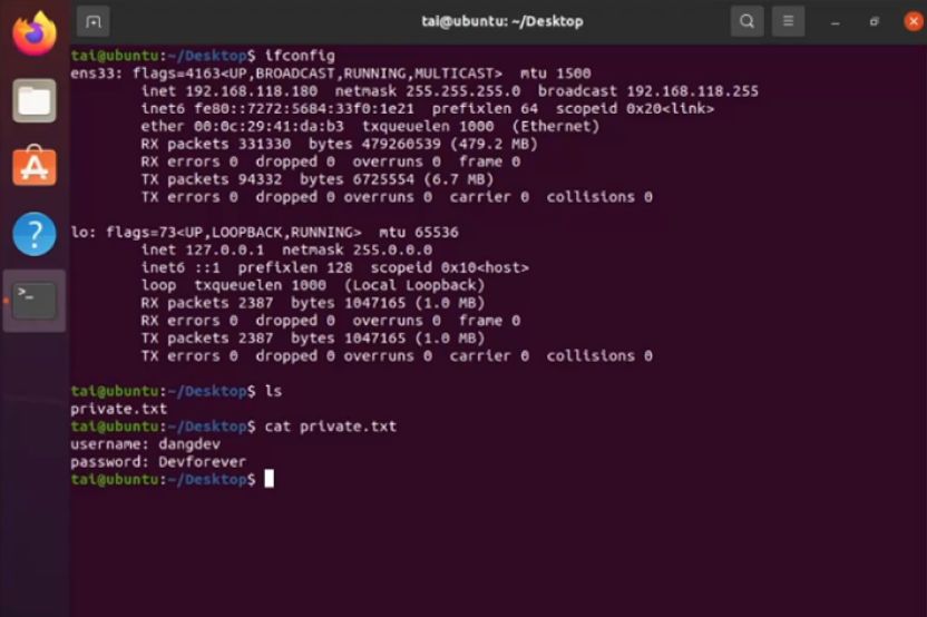 لقطة شاشة طرفية تعرض تكوين الشبكة وبيانات الاعتماد المسترجعة من نظام Unix