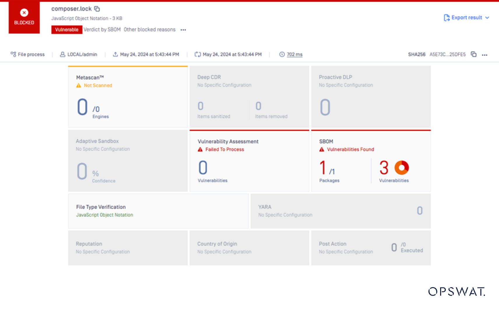 واجهة تحليل أمني تظهر ملف جافا سكريبت محظور بسبب الثغرات الأمنية مع نتائج تقييم مفصلة