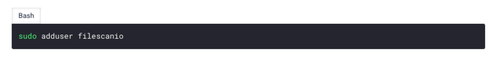 command line snippet for adding a new user 'filescanio' to a system via Bash