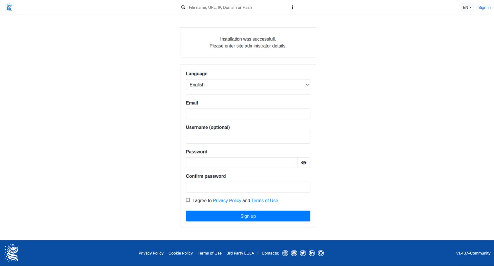 web form interface for signing up a new user with email and password fields