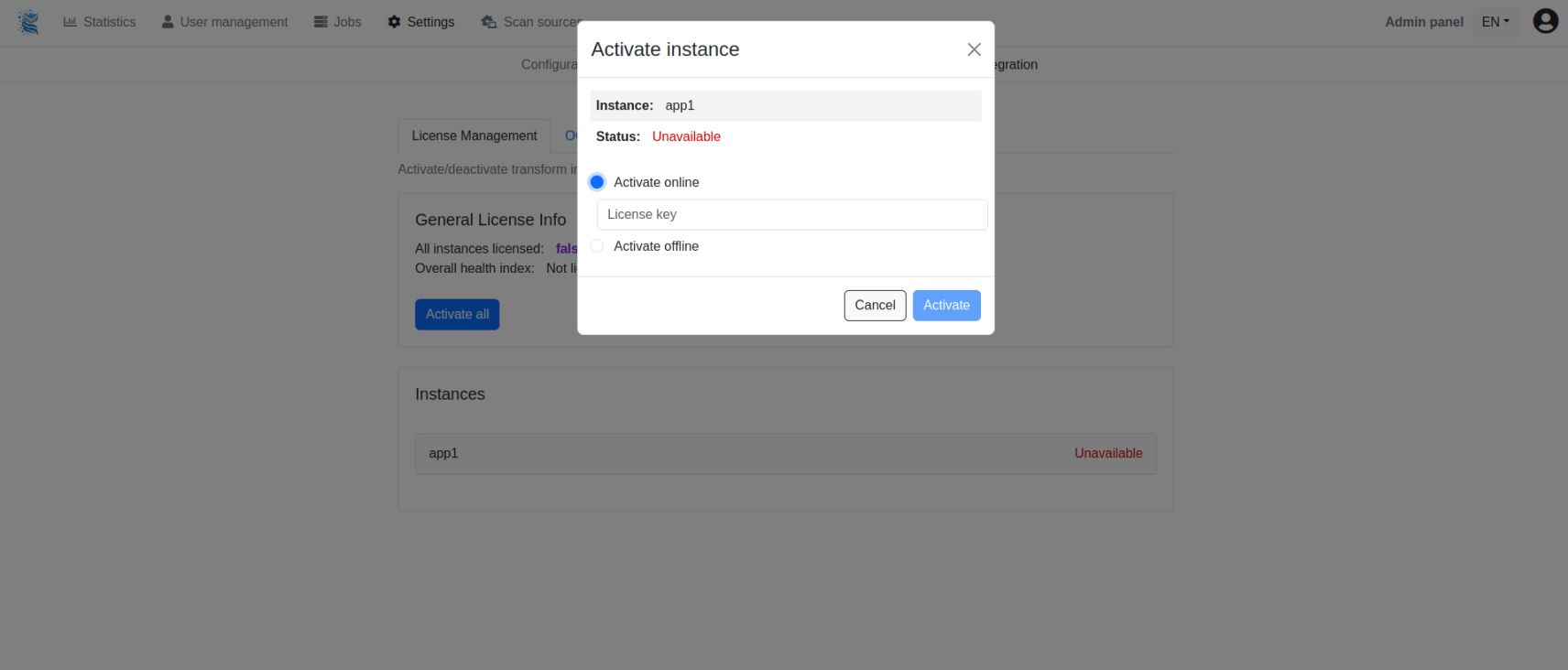 dialog box for activating a software instance with options for online or offline activation