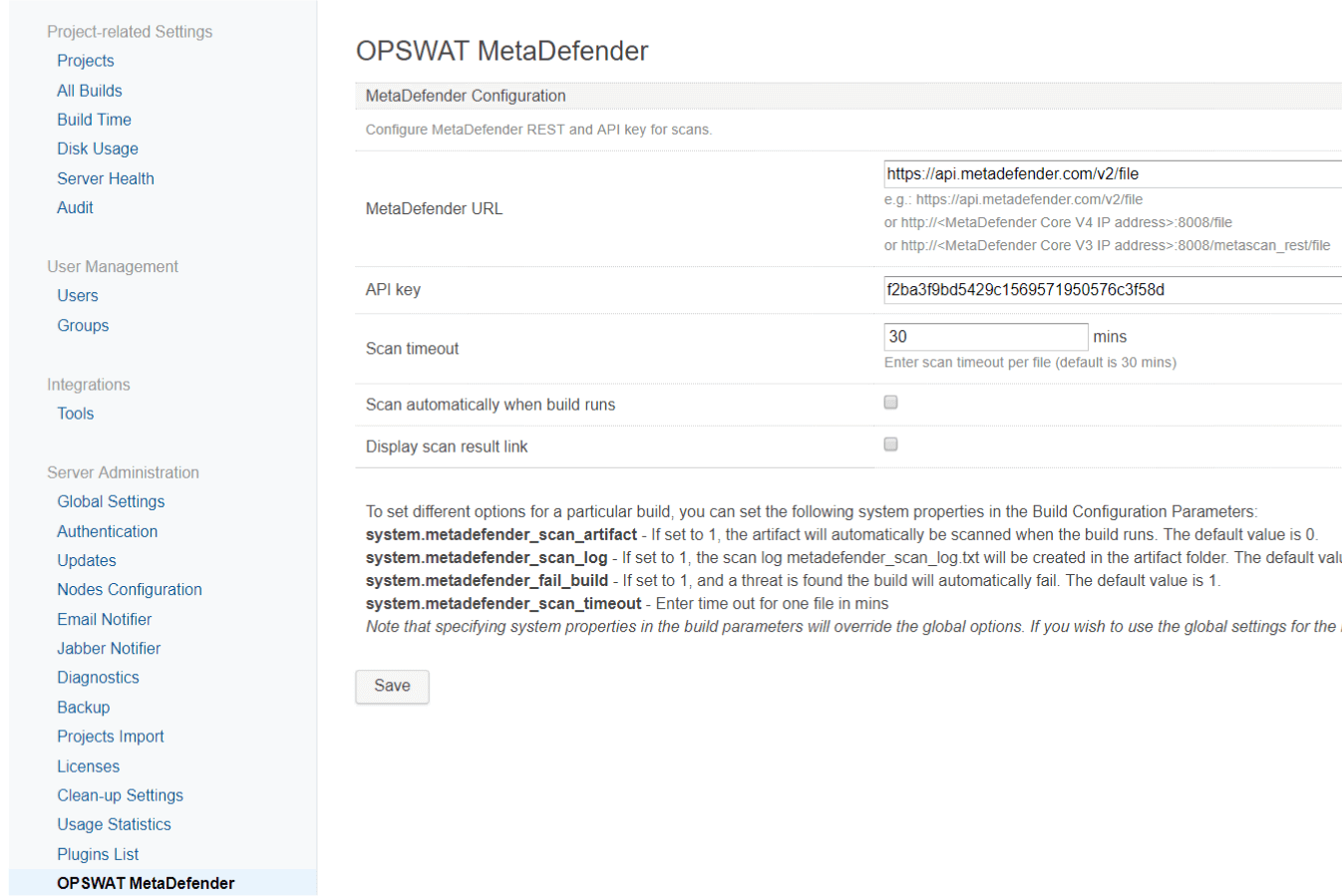 スクリーンショットmetadefender teamcity設定ダッシュボード用プラグイン