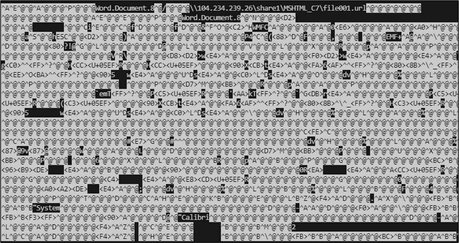 Innerer Inhalt von afchunk.rtf mit eingebetteter UNC-Freigabe-URL, die die nächste Stufe des Exploits enthält