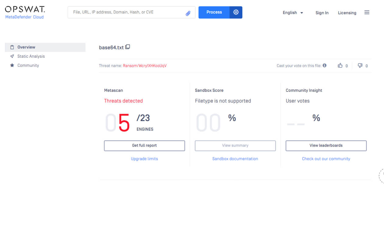Az OPSWAT MetaDefender Cloud eredményei szerint 23 érzékelőmotorból 5 azonosította a fenyegetést egy Base64 kódolású fájlban, a homokelhelyezés nem támogatott.