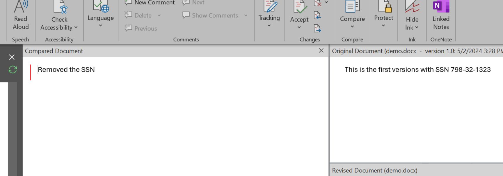 "SSN kaldırıldı" metnini içeren Microsoft Word ekran görüntüsü
