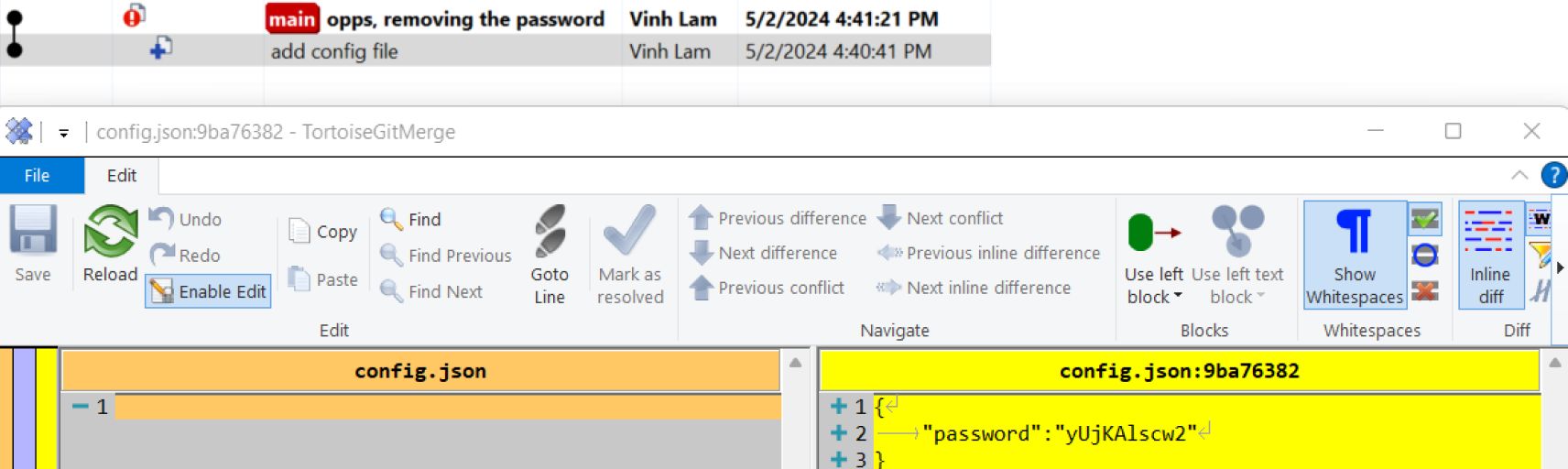 TortoiseGitMerge'de bir parola değerinin eklendiği bir JSON yapılandırma dosyası değişikliğiyle sürüm denetimi farkını gösteren ekran görüntüsü
