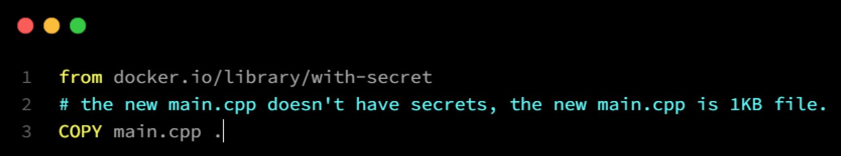 Güvenli bir Docker görüntüsünden temizlenmiş bir main.cpp dosyasını kopyalamak için Dockerfile yönergesinin ekran görüntüsü