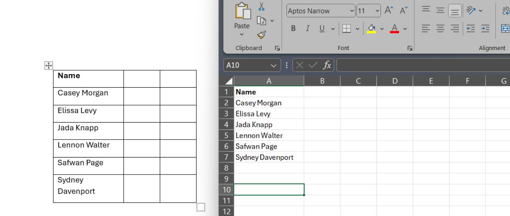 Adları listeleyen tek bir sütuna sahip bir e-tabloyu gösteren ekran görüntüsü