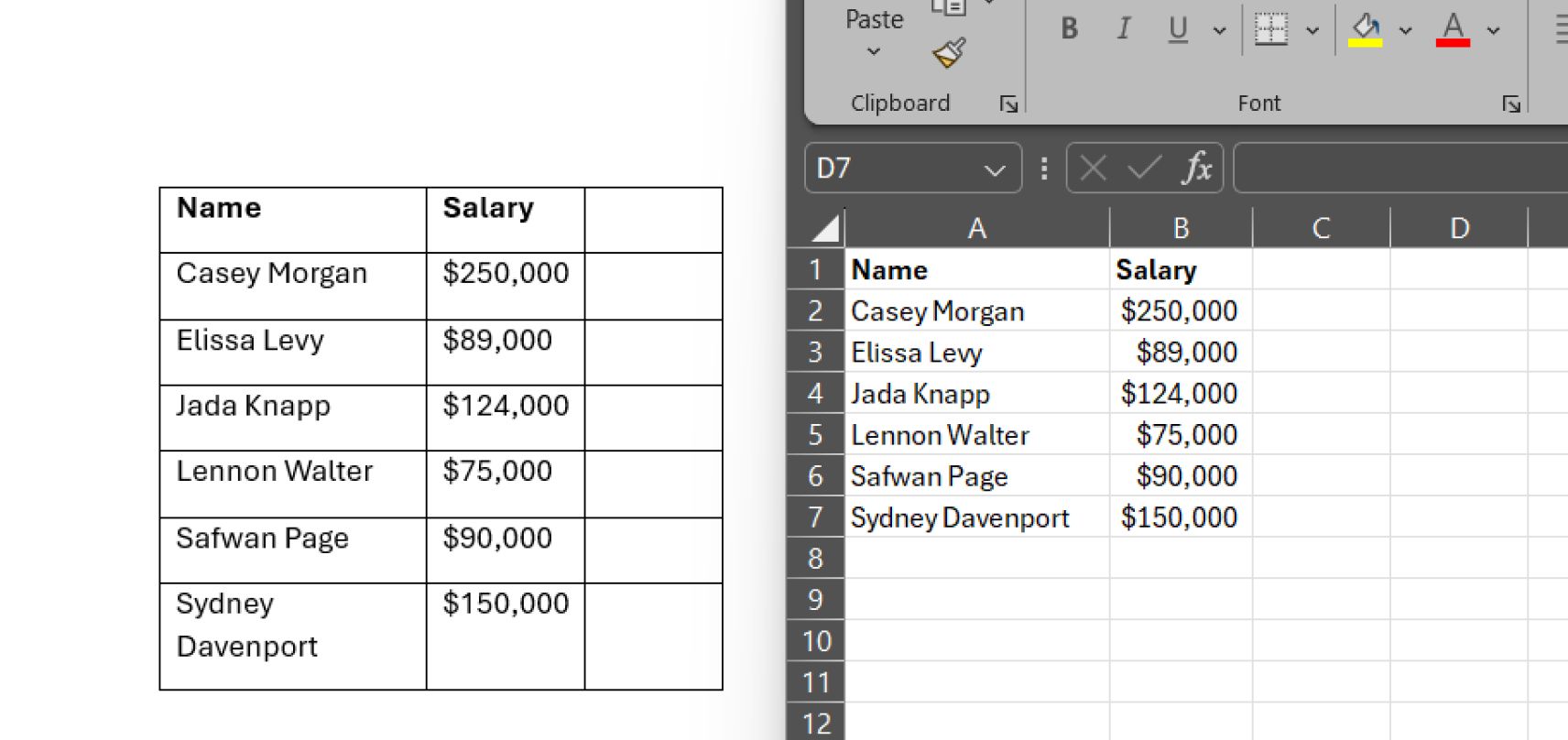 "Ad" ve "Maaş" etiketli iki sütunlu bir e-tabloyu gösteren ekran görüntüsü