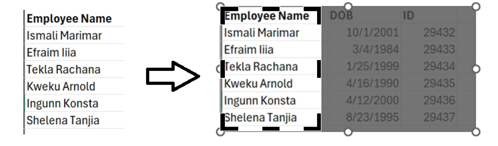 Çalışan adlarının tek sütunlu bir listesinin, 'DOB' ve 'ID' için ek sütunlar da dahil olmak üzere ayrıntılı bir tabloya genişlediği sayfa