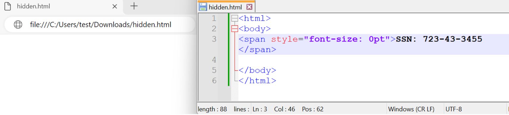 Görünmez olacak şekilde stillendirilmiş bir Sosyal Güvenlik Numarası içeren gizli bir yayılma alanı öğesine sahip HTML kodunu gösteren ekran görüntüsü