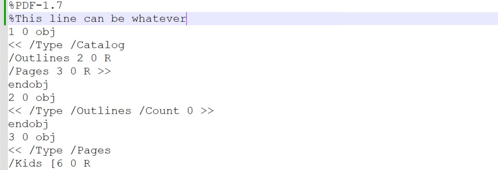 PDF dosyasının yapısını görüntüleyen, PDF üstbilgisini, kataloğu, anahatları ve sayfa nesnelerini gösteren bir metin düzenleyicisinin ekran görüntüsü