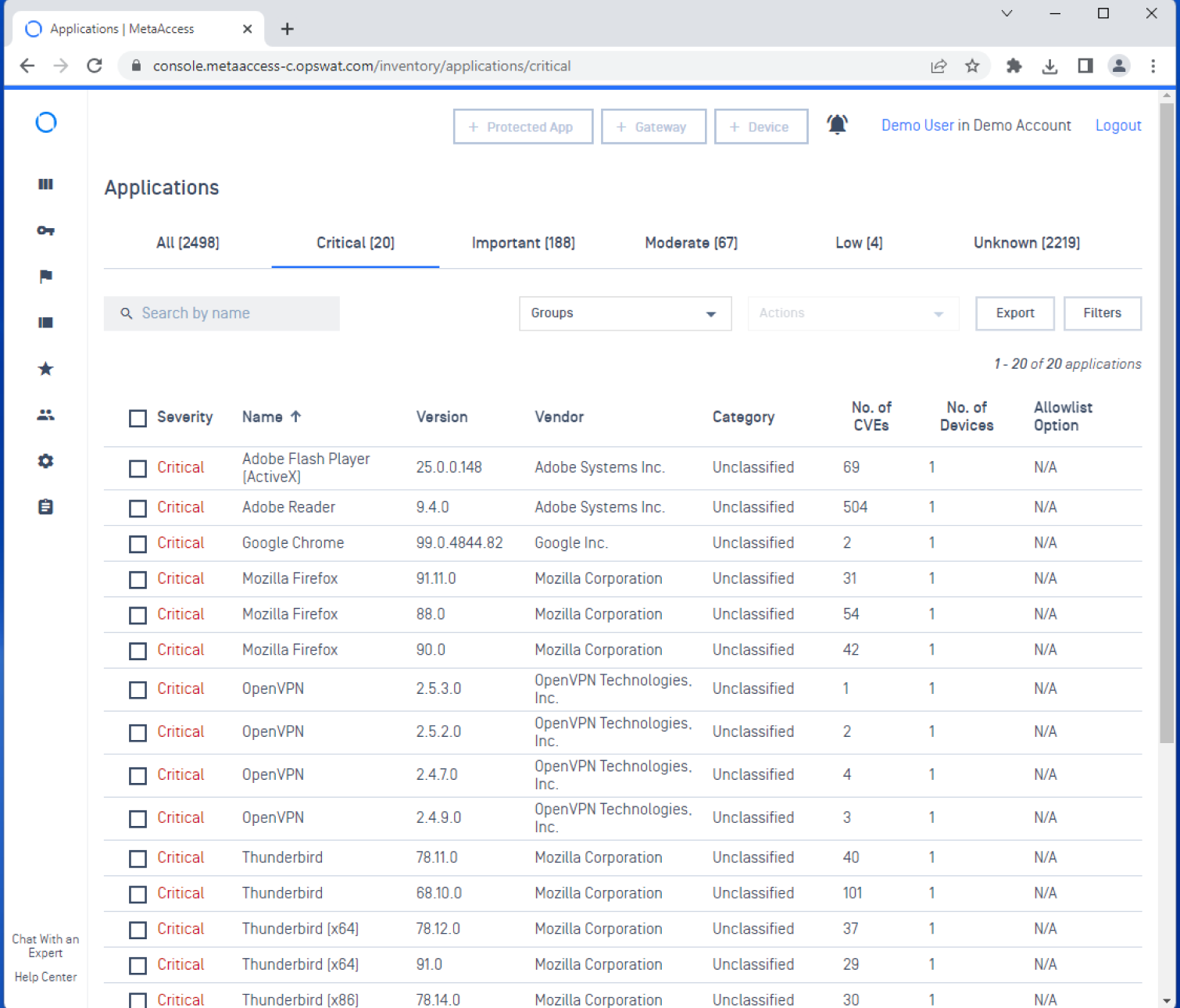 A dashboard showing vulnerable applications